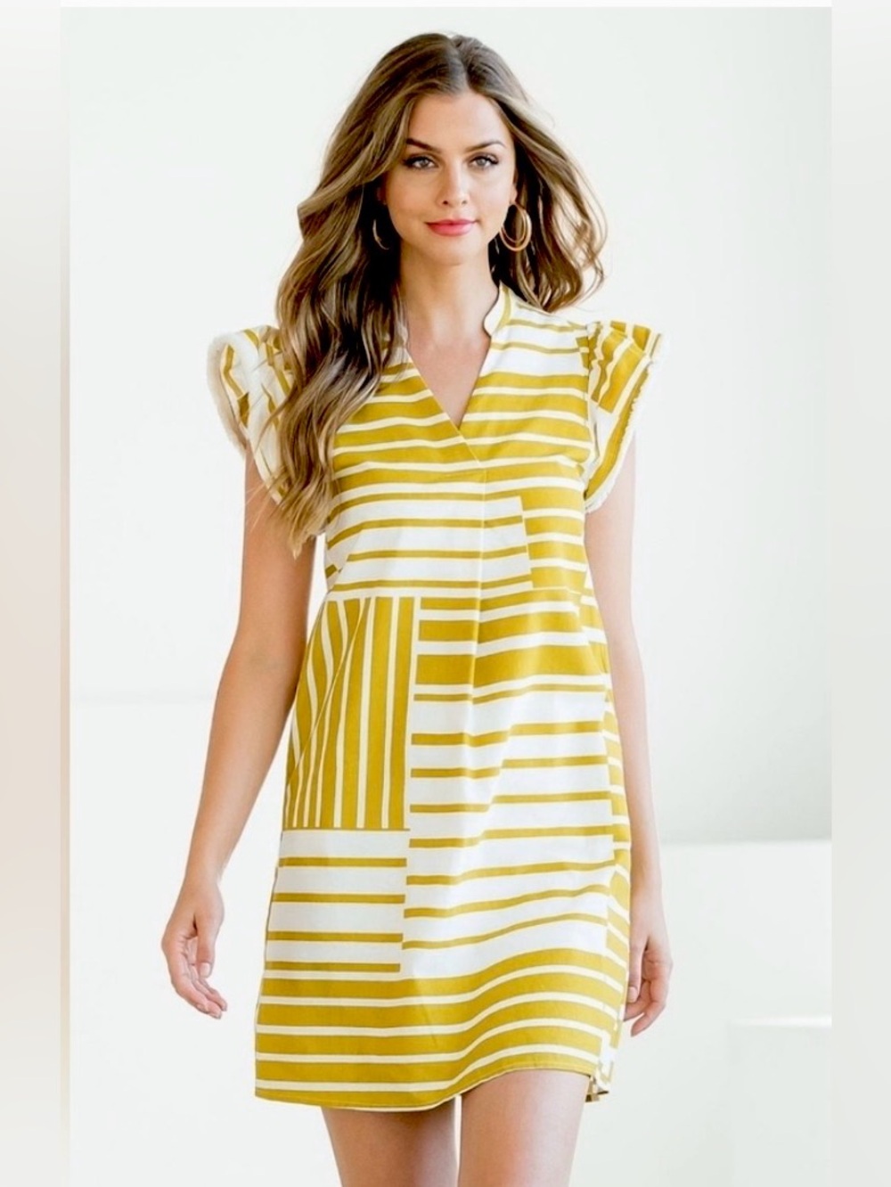 THML Anthropologie White Mustard Stripe Patchwork Shift Dress Small with Pockets